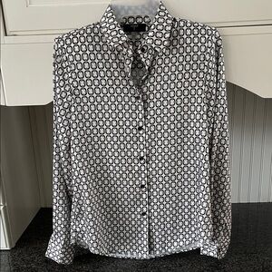 Tahari Black and White Geometric Long Sleeve Shirt Blouse